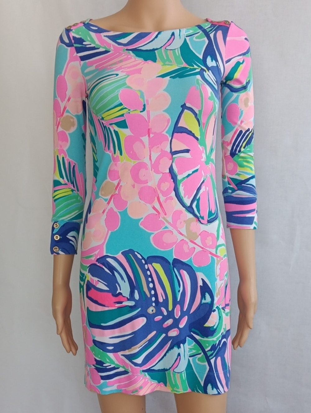 Lilly Pulitzer Vibrant Tropical Print Shift Dress in Aqua and Pink Size X X S